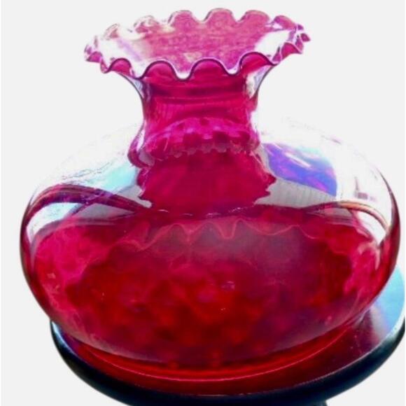 A Stunning Vintage Ruby Red 10” Glass Hurricane Style Lamp Top Shade Ruffled